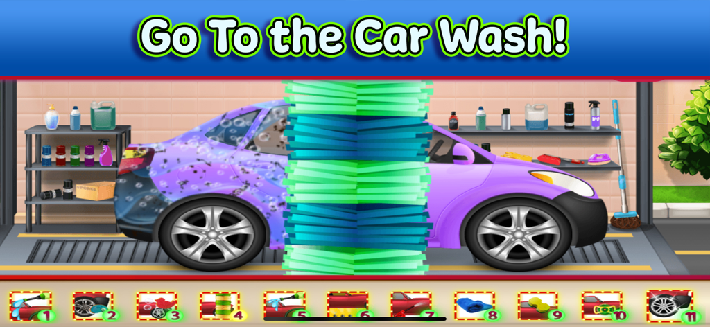 Tiny Car & Truck Wash Games - A purple toy car being washed by a green spinning brush in the Tiny Car Wash game