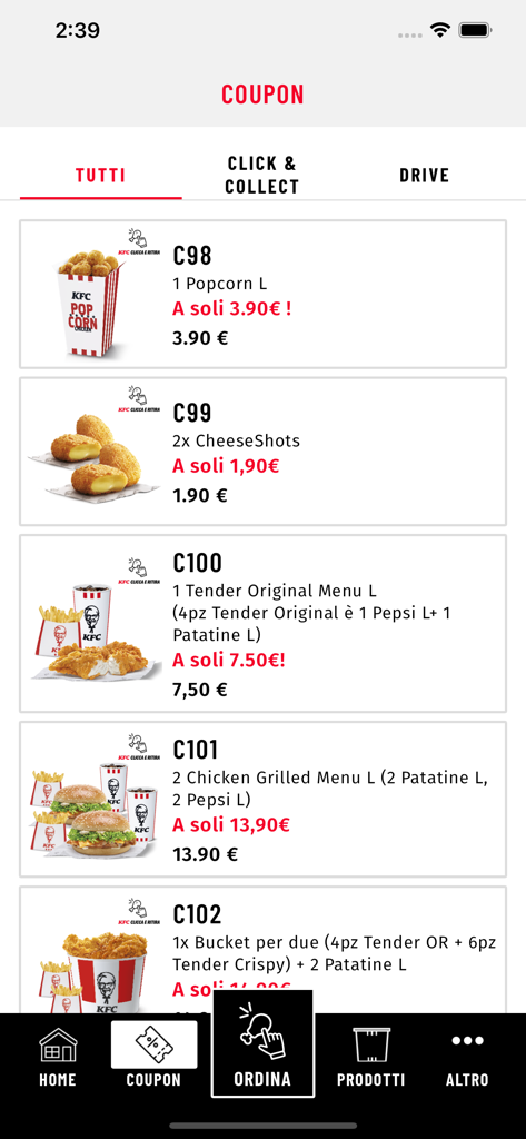 A list of digital coupons and special food offers on the KFC Italia mobile app screen.