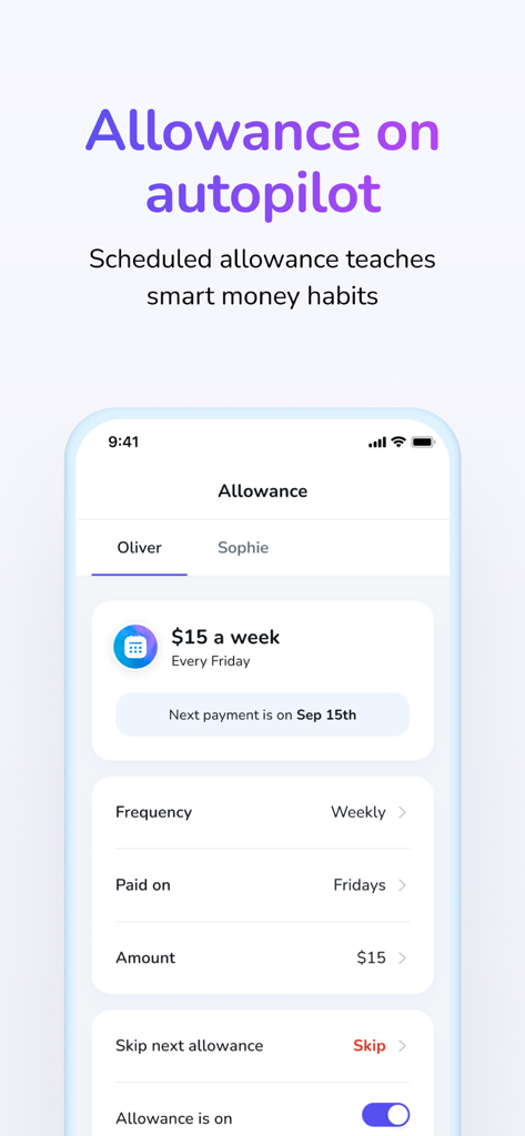 Interface of the Till banking app showing scheduled weekly allowance settings for a child