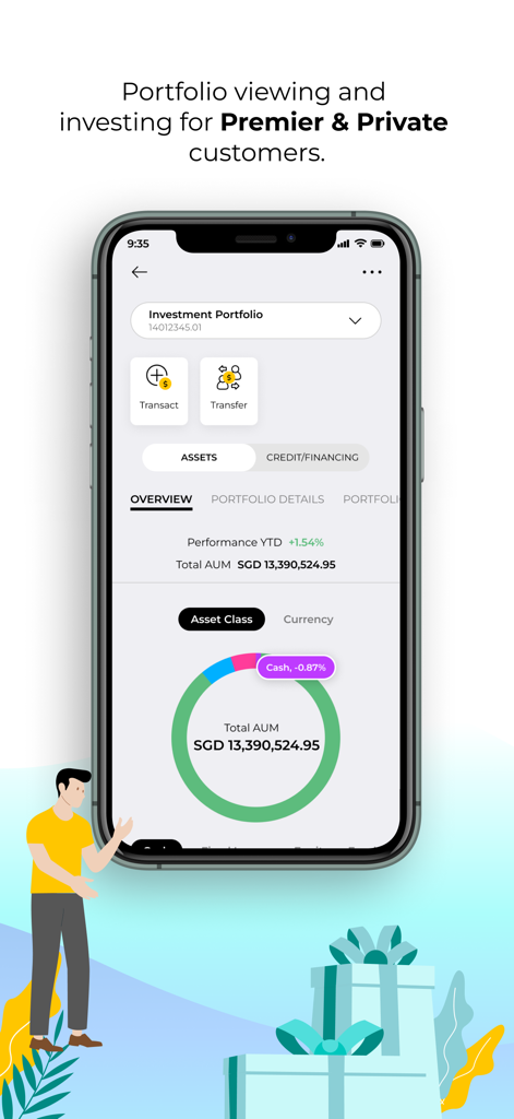 Interfaz de la aplicación móvil Maybank2u SG que muestra la cartera de inversiones y los activos para clientes premier y privados