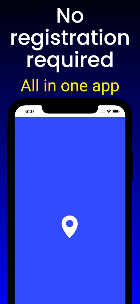 Tracker 8 app screenshot stating no registration required with a location pin icon