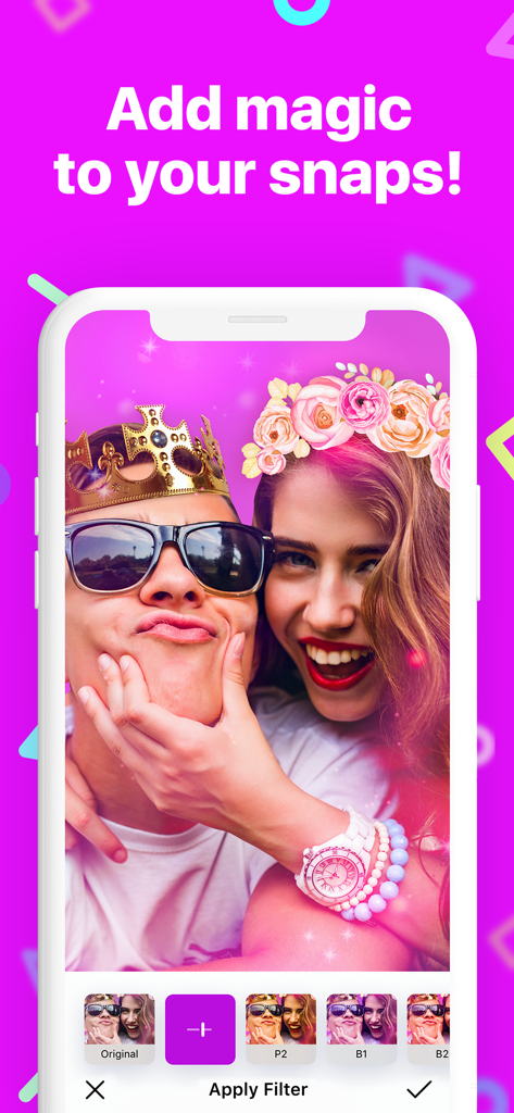 MAKEOVER - Body photo editor - Una pareja usando coronas digitales y pegatinas de gafas de sol con filtros artísticos en una foto.