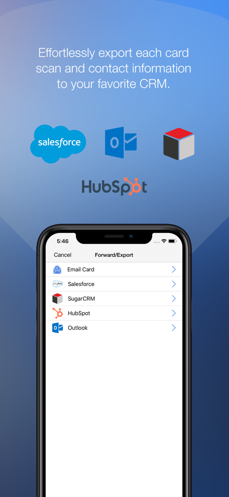 ScanBizCards - ScanBizCards app showing export options to Salesforce, HubSpot, and Outlook for business card contacts.