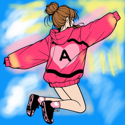 realistic girl jumping with a bun and oversized sweatshirt