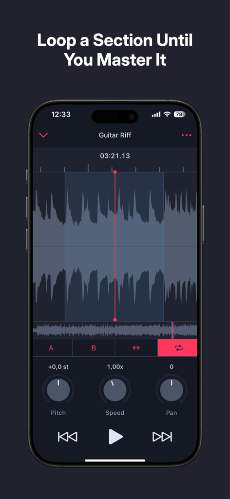AudioTweak: Change Music Speed - AudioTweak app interface showing a guitar riff waveform with a selected loop region and playback controls