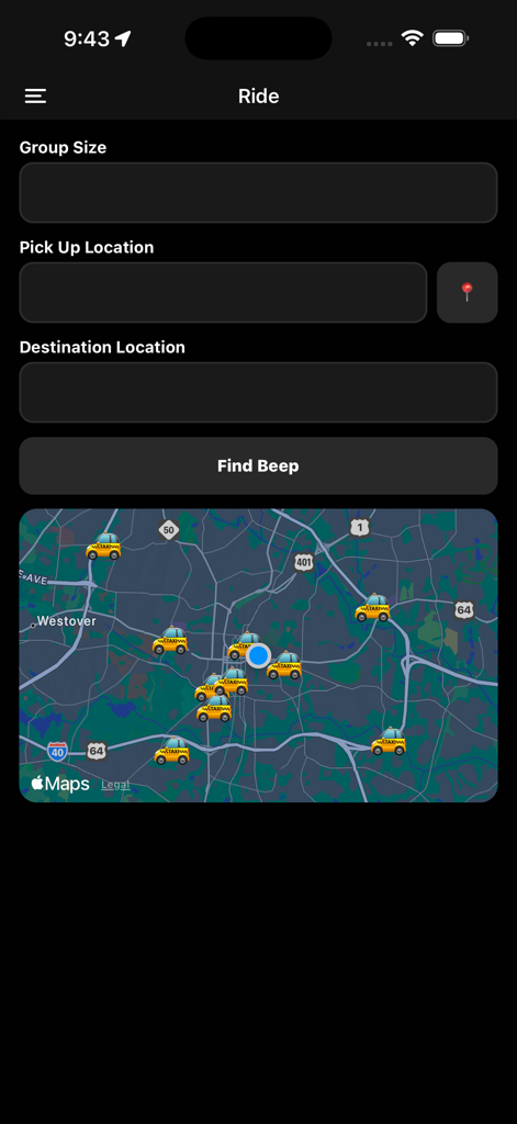 Tela de solicitação de carona do Ride Beep App com mapa mostrando motoristas estudantes disponíveis