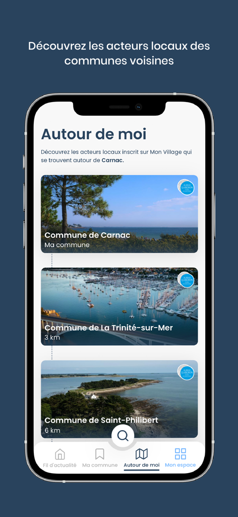 Mon Village - infos & services - Interface of Mon Village app showing a list of nearby communities and their distances