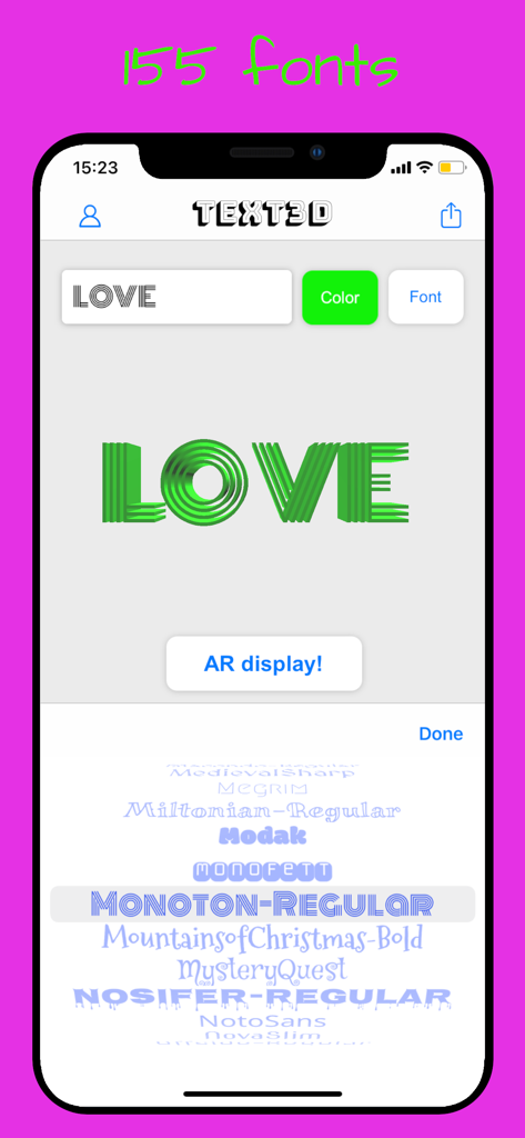 LOVEという単語の155種類のフォントと3Dテキストカスタマイズを表示するAR Textアプリのインターフェース