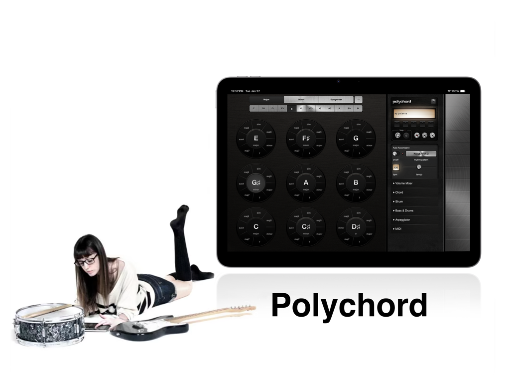 polychord - Un musicien composant sur un iPad avec l'application Polychord à côté d'une guitare et d'une caisse claire.