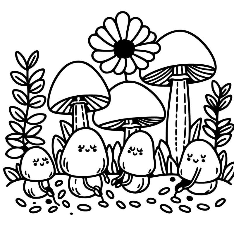 mushrooms planting seeds in a garden.