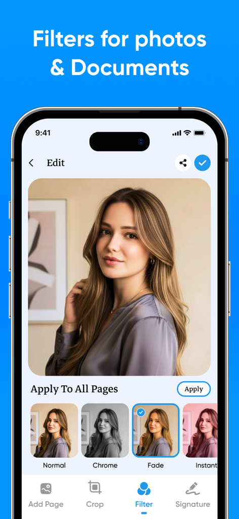 All Document Viewer - Open PDF - Interface of All Document Viewer app showing photo filter options and document editing tools.