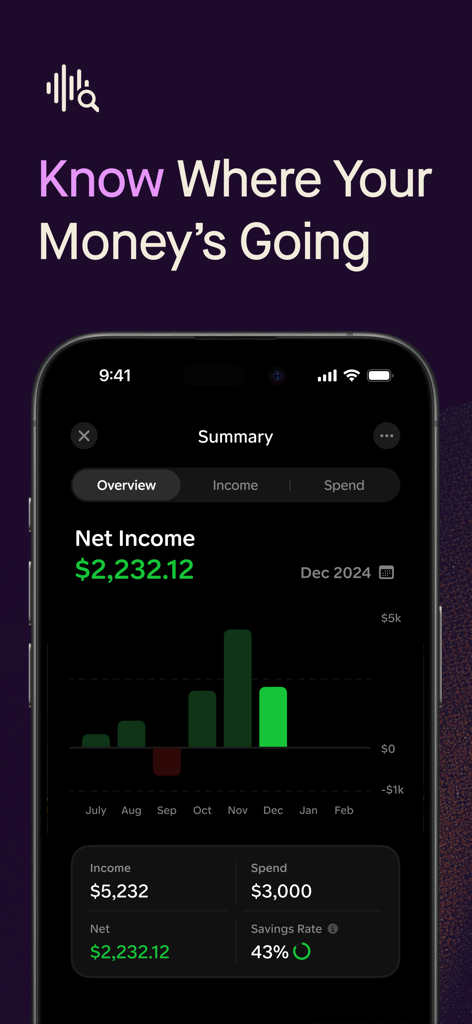 Gather - Painel do aplicativo Gather mostrando o resumo da renda líquida com rastreamento de renda e gastos