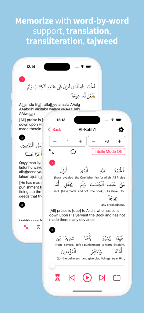 Interface do aplicativo Memorize Quran exibindo tradução palavra por palavra e transliteração