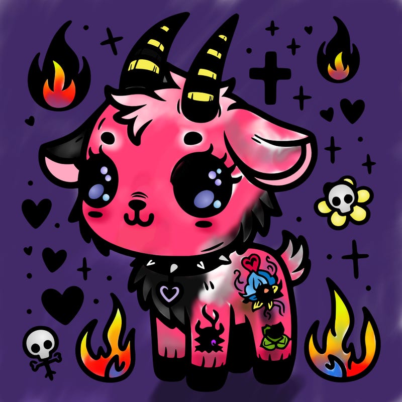 cute gothic goat with fire, hearts and crosses