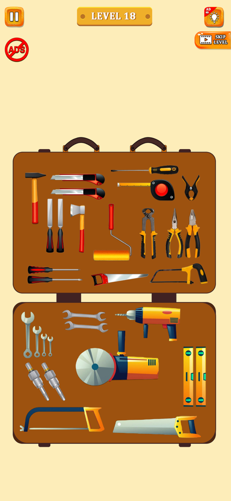 Organize It Perfect Tidy Life - Un nivel de juego móvil que muestra varias herramientas como sierras y taladros organizados de forma ordenada dentro de una caja de herramientas marrón.