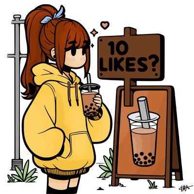 girl with oversized hoodie drinking boba and she has a high ponytail with a sign that says 10likes?