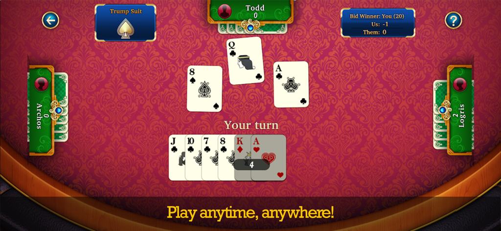 29 Card Game: Offline Fun Game - A gameplay screenshot of the 29 Card Game showing cards on a red patterned digital table.