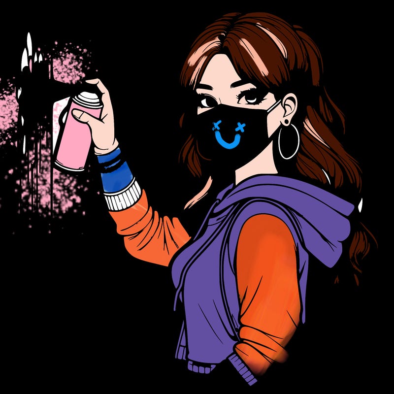 realistic girl with mask spray painting a wall