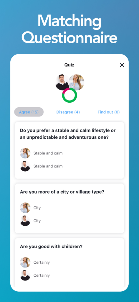 Matching questionnaire in the Ringle Jewish dating app showing user compatibility quiz answers