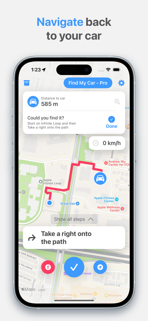 Mobile App-Screenshot, der Gehwege und eine Kartenroute zum Auffinden eines geparkten Autos zeigt.