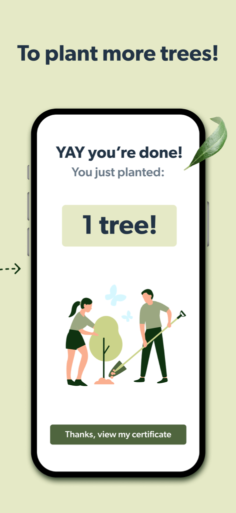 BRight app screen confirming one tree planted with an illustration of people planting a tree