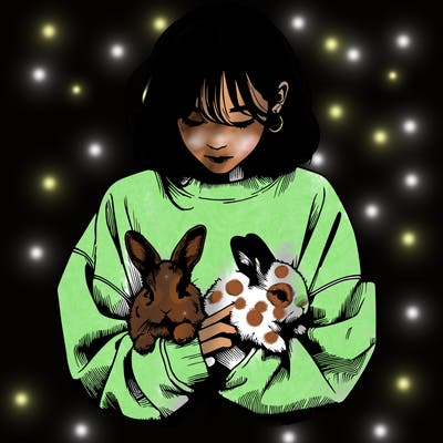 realistic girl with messy bunny baggy sweatshirt and holding bunnies