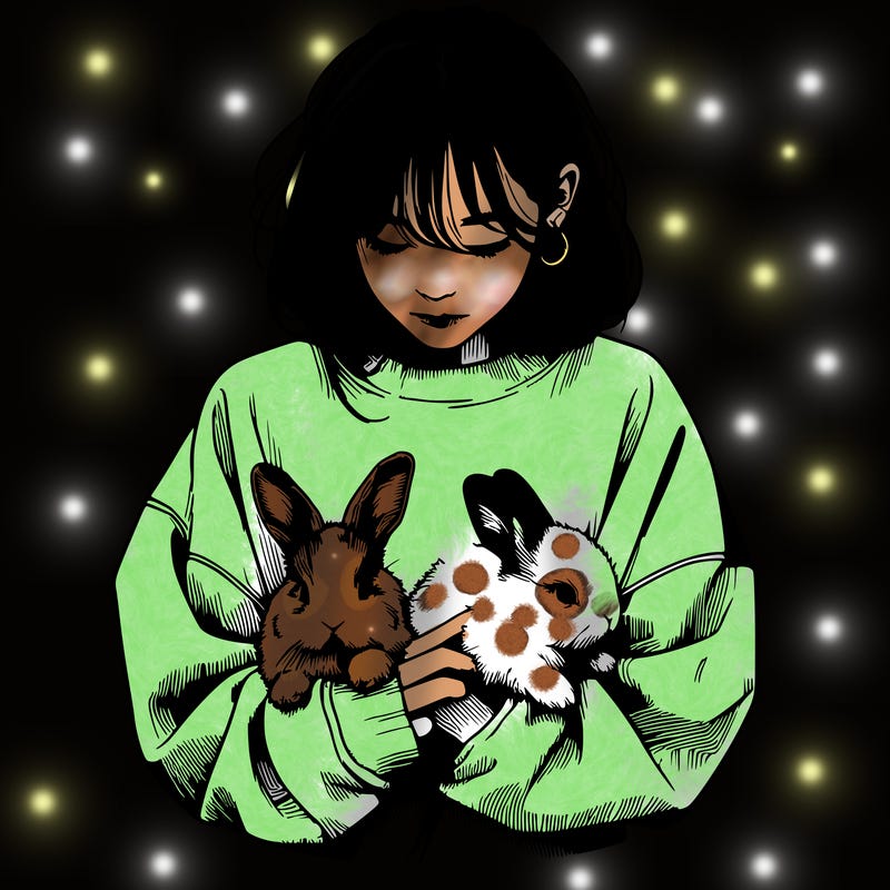 realistic girl with messy bunny baggy sweatshirt and holding bunnies