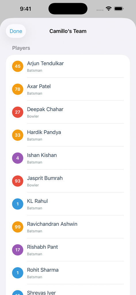 Cricket Fielding - Una lista de jugadores de cricket con sus roles asignados y números de camiseta en la pantalla de gestión de equipo.