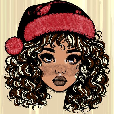 realistic girl with a santa hat curly hair and lips
