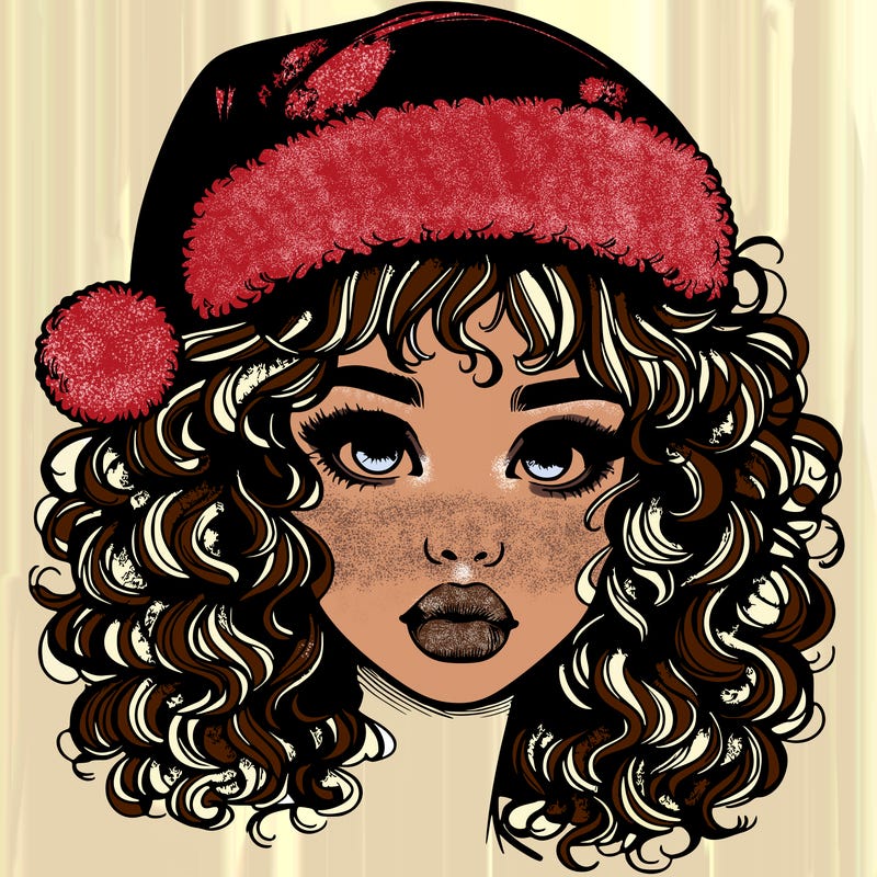 realistic girl with a santa hat curly hair and lips
