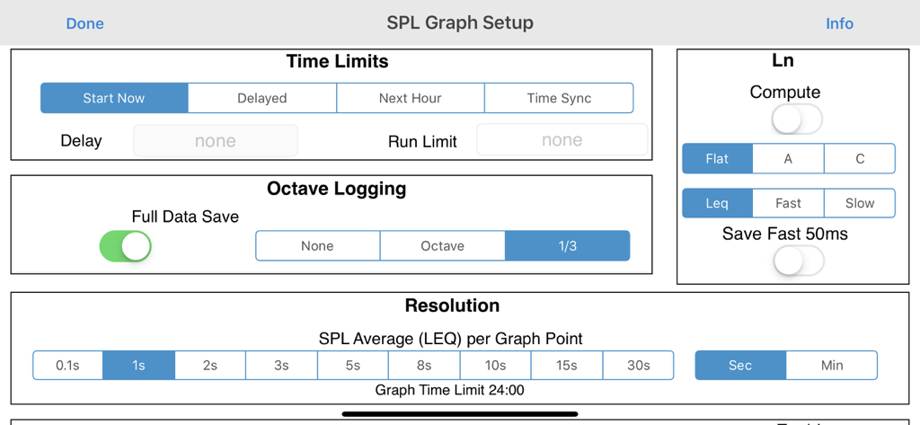 SPL Graph - Setup screen for SPL Graph app with options for time limits octave logging and graph resolution