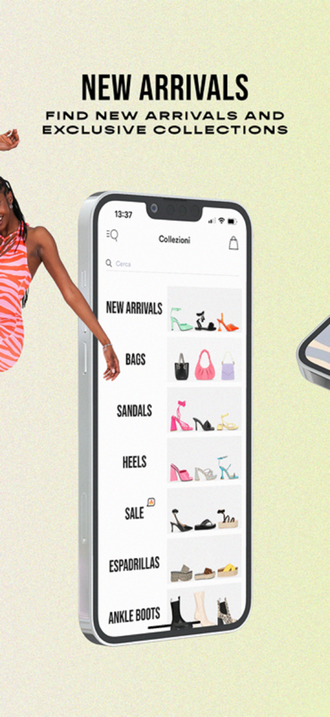 Interfaz de la app Quanticlo mostrando nuevas llegadas de calzado y colecciones por categoría.