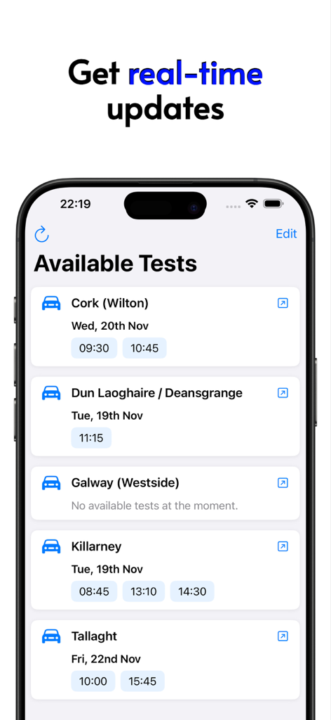 DriveNow app interface displaying available driving test slots and real-time updates for various locations.