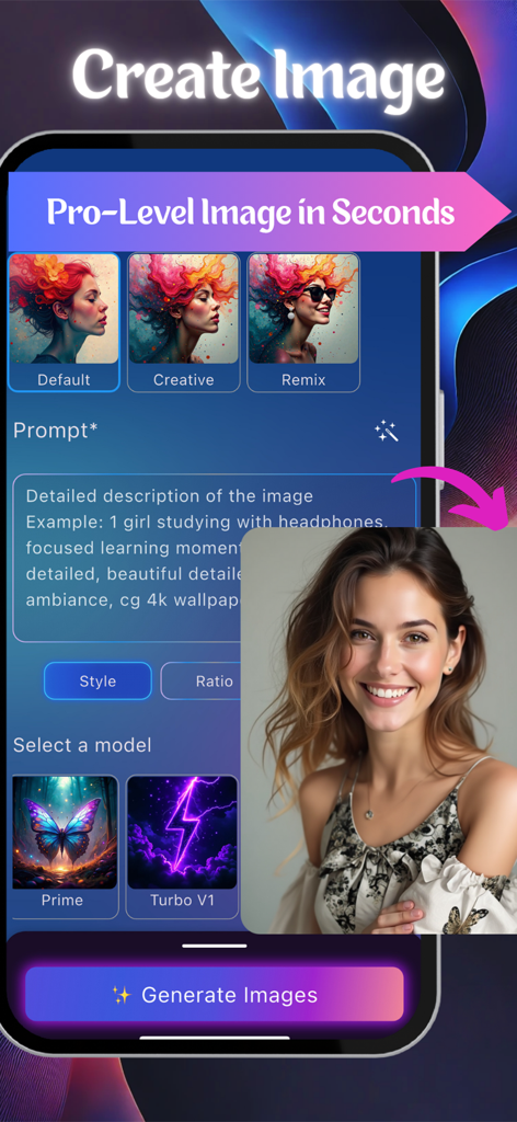 Aethia AI Photo & Video Editor - Interface do aplicativo Aethia AI mostrando a ferramenta geradora de texto para imagem com um resultado de retrato profissional.