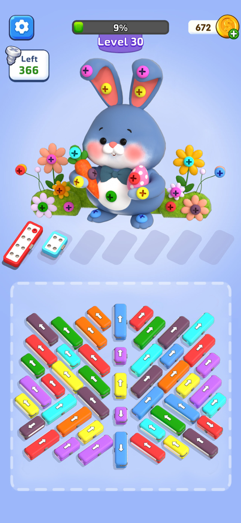 Screw Escape 3D - Car Out Jam - Screenshot of Screw Escape 3D game featuring a blue bunny model covered in colorful screws and a grid of arrow blocks at the bottom