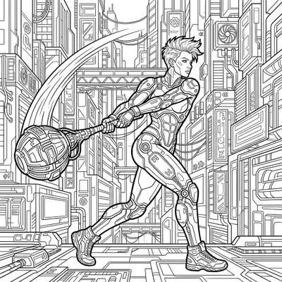 Step into a dynamic future with this electrifying coloring page featuring a powerful hammer thrower amidst a sprawling cyberpunk city. Explore intricate details of her high-tech gear and the futuristic urban landscape as you bring this scene to life.