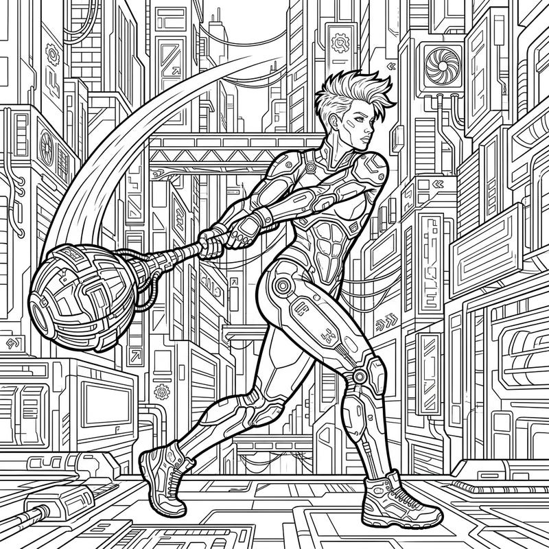 Step into a dynamic future with this electrifying coloring page featuring a powerful hammer thrower amidst a sprawling cyberpunk city. Explore intricate details of her high-tech gear and the futuristic urban landscape as you bring this scene to life.