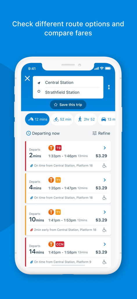Opal Travel - Opal Travel app screen showing different public transport route options and fare comparisons between Sydney train stations
