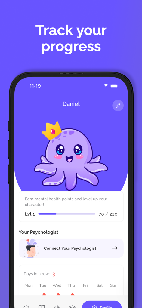 MindHealth: Mental Health CBT - User profile screen in MindHealth app featuring a gamified progress bar and a purple octopus character.