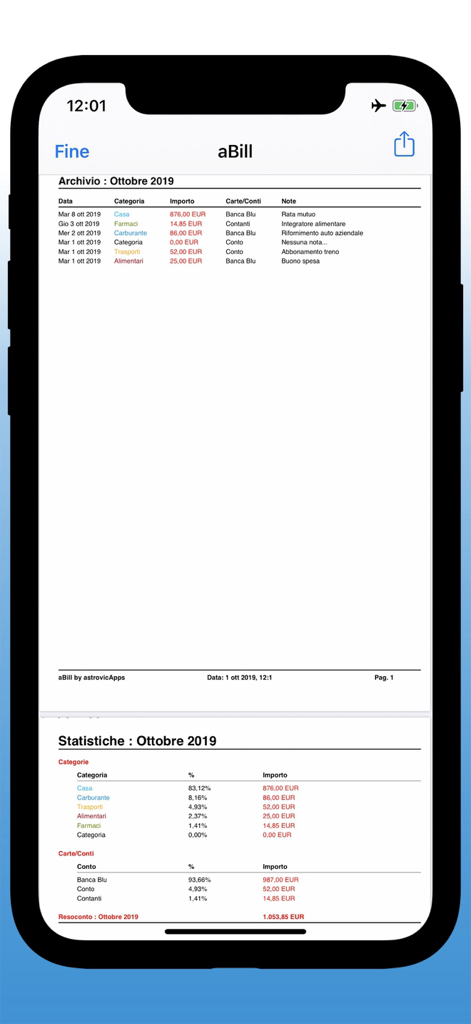 A preview of a monthly financial report and category statistics in the aBill app