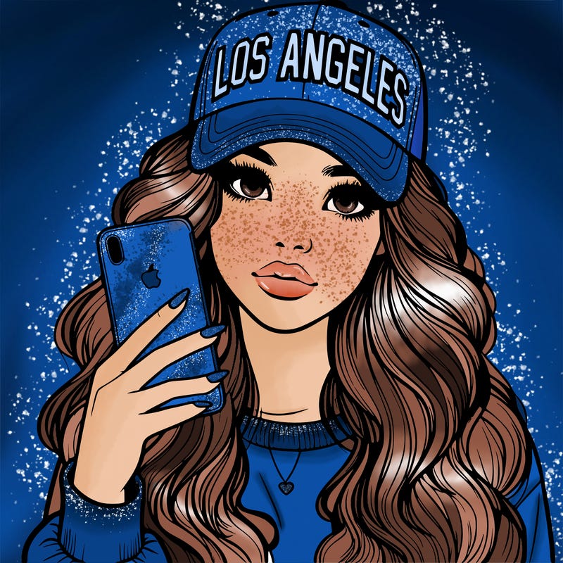 realistic beautiful girl wearing los ángeles cap holding an iphone