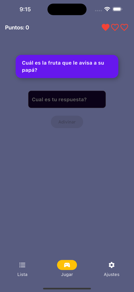 Screenshot der spanischen Rätsel-App Adivinanzas y Enigmas, der eine Frage zu Früchten mit Herzen als Leben zeigt.
