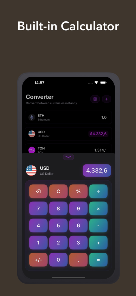 Blockfolio Pro: Crypto Tracker - Blockfolio Pro app interface featuring a built-in calculator and currency converter for crypto and fiat