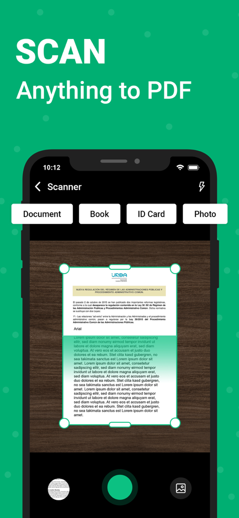 Interface de l'application mobile OKEN - Scanner de documents, Scan PDF, montrant un document en cours de numérisation vers PDF avec détection automatique des bords et sélection de mode pour livres et pièces d'identité.