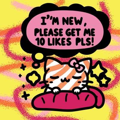 kitty taking a nap dream talking and saying "i'm new, please get me at least 10 likes pls!!"