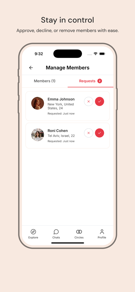 Interface of Circlez Dating app showing a Manage Members screen with pending requests from users to join a community circle.