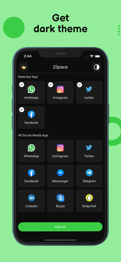 2Space - Multiple Accounts - 2Space app interface on iPhone showing dark mode and a selection of social media icons like WhatsApp and Instagram for account cloning