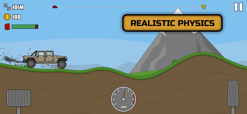 Off-road truck racing on a hill with realistic physics text overlay