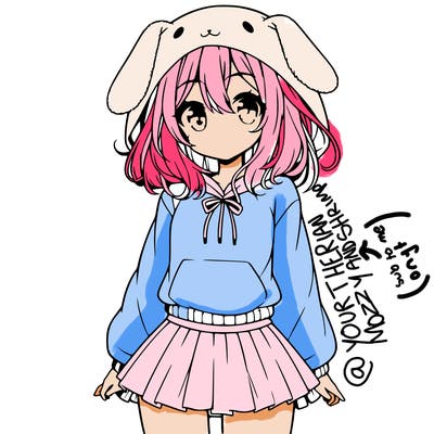 pretty anime girl wearing a fluffy hoodie with bunny ears on the hood and a skirt