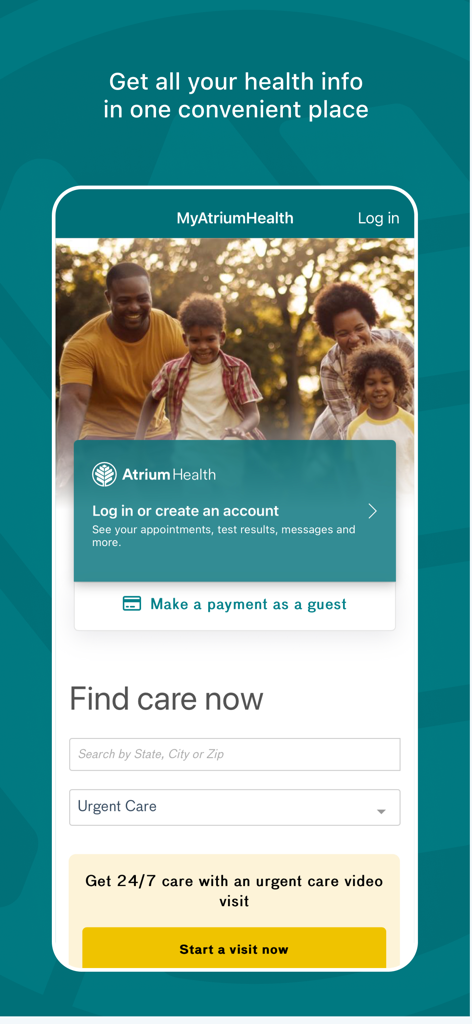MyAtriumHealth - MyAtriumHealth app home screen showing options to log in, find medical care by location, and start an urgent care video visit.